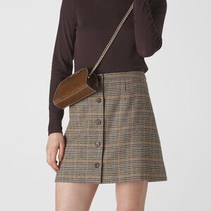 Whistles Houndstooth Full Button Front A-Line Skirt Size 8 Tan Wool Blend Casual